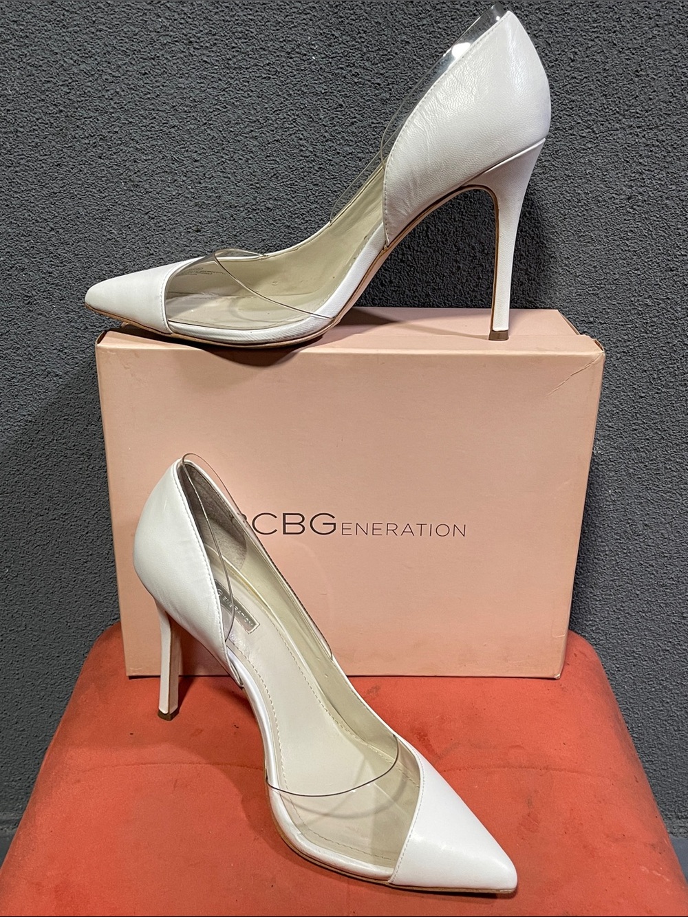 BCBGeneration White Pointed Toe Clear Panel Stiletto Heels sz10